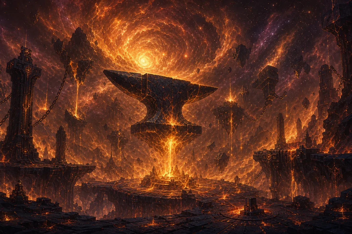 Zone art of the Eternal Anvil, a colossal forge in a volcanic cavern