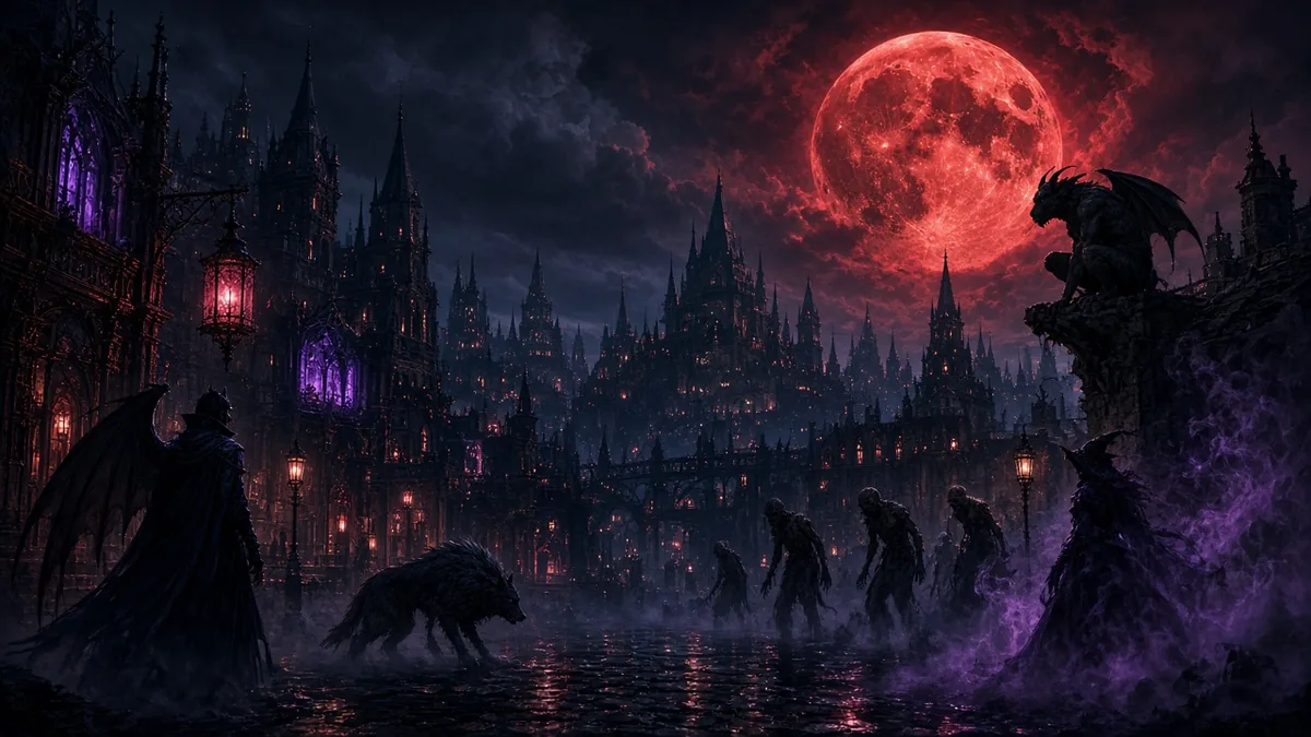 Nocturna key art of a gothic city under a wrong red moon