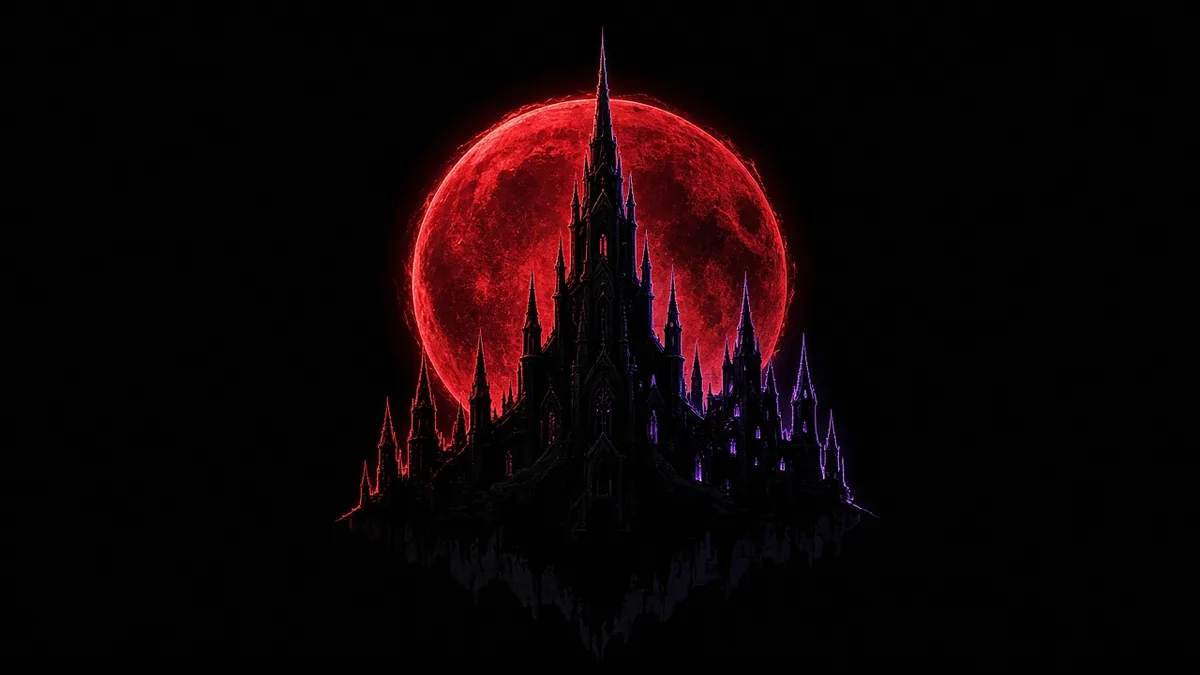 Concept art of a red moon rising behind a gothic spire